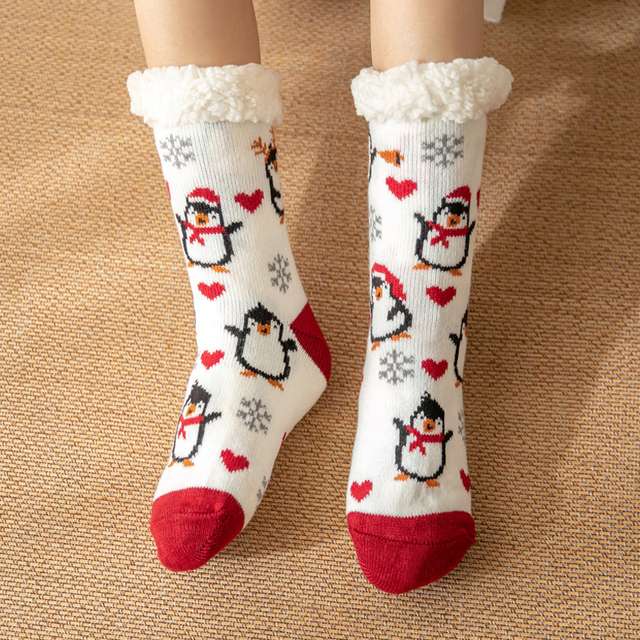 Chaussettes de Noel, motif Pingouin et coeur ultra chaudes et antidérapantes